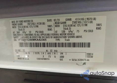 2021 Ford Transit-250 z USA, uszkodzony, nr VIN 1FTBR1C86MKA42365